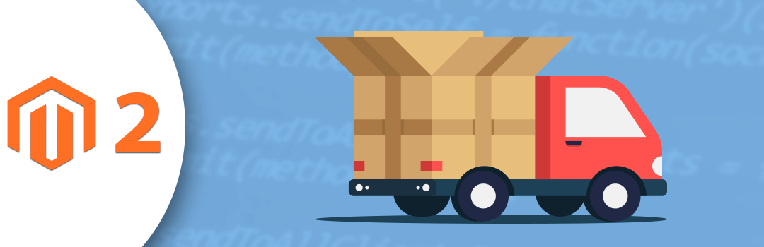 a red truck driving in a blue background and number 2 on the left of the images symbolizes shipment in magento 2.x.x