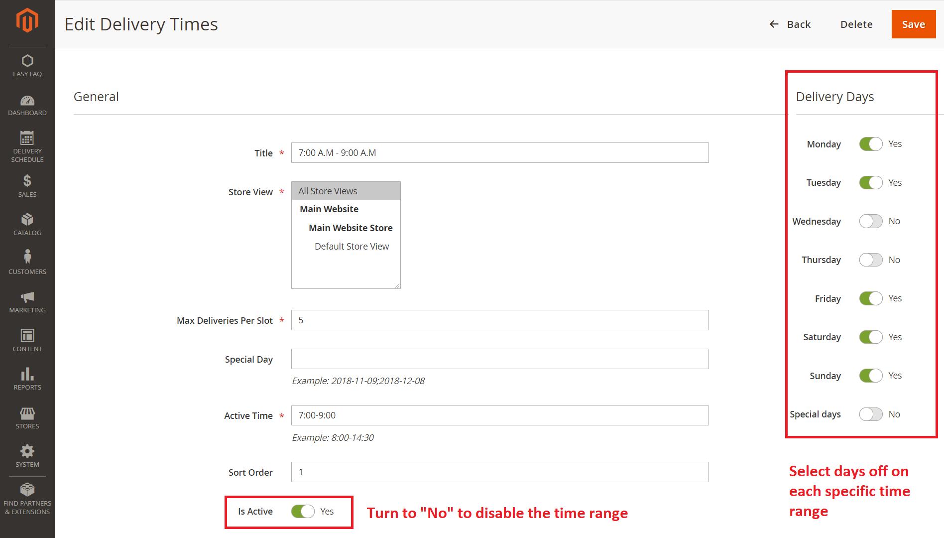 Disable specific time ranges for Magento 2 Advanced Delivery Schedule Disable specific time ranges for Magento 2 Advanced Delivery Schedule